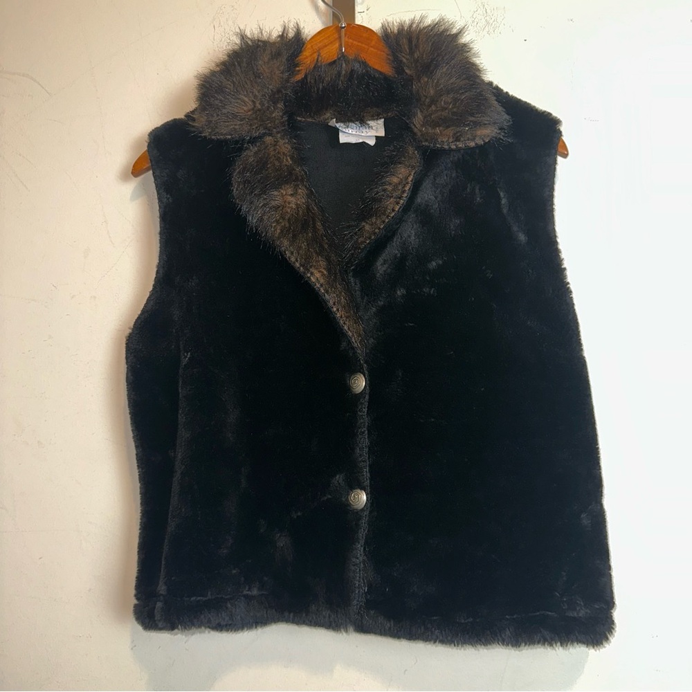 Vintage Deborah Murray Women’s Med Fur Fleece Sleeveless Vest Black Mobwife Y2K